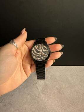 Michael Kors MK3316 Slim Runway Black and Rose Gold Pave Zebra Dial Watch